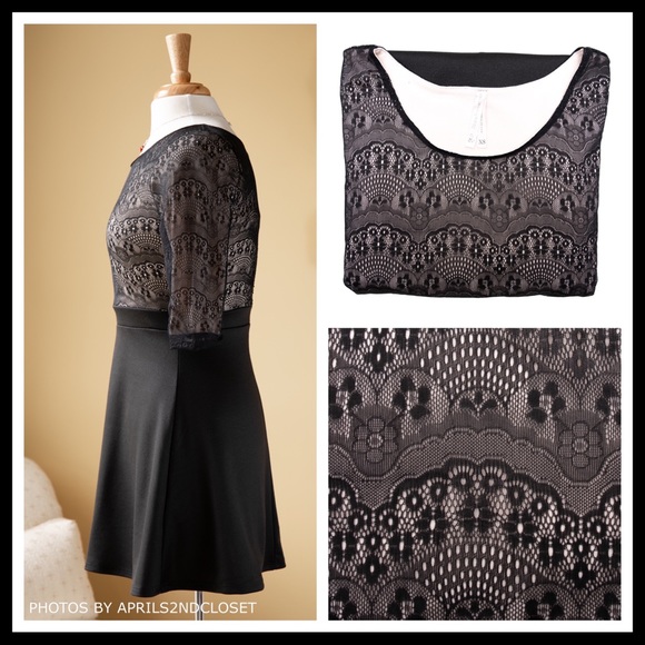 BLACK A-LINE LACE KNIT SHIFT SKATER BABYDOLL 80S RETRO MINI DRESS - Picture 6 of 8